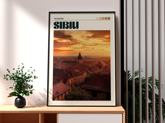 Sibiu Romania Old Town Rooftops Church Tower Golden Sunset City Poster