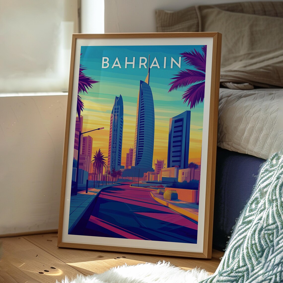 Bahrain Retro Travel Wall Art Sunset Skyline Palm Trees Cityscape - Image 3