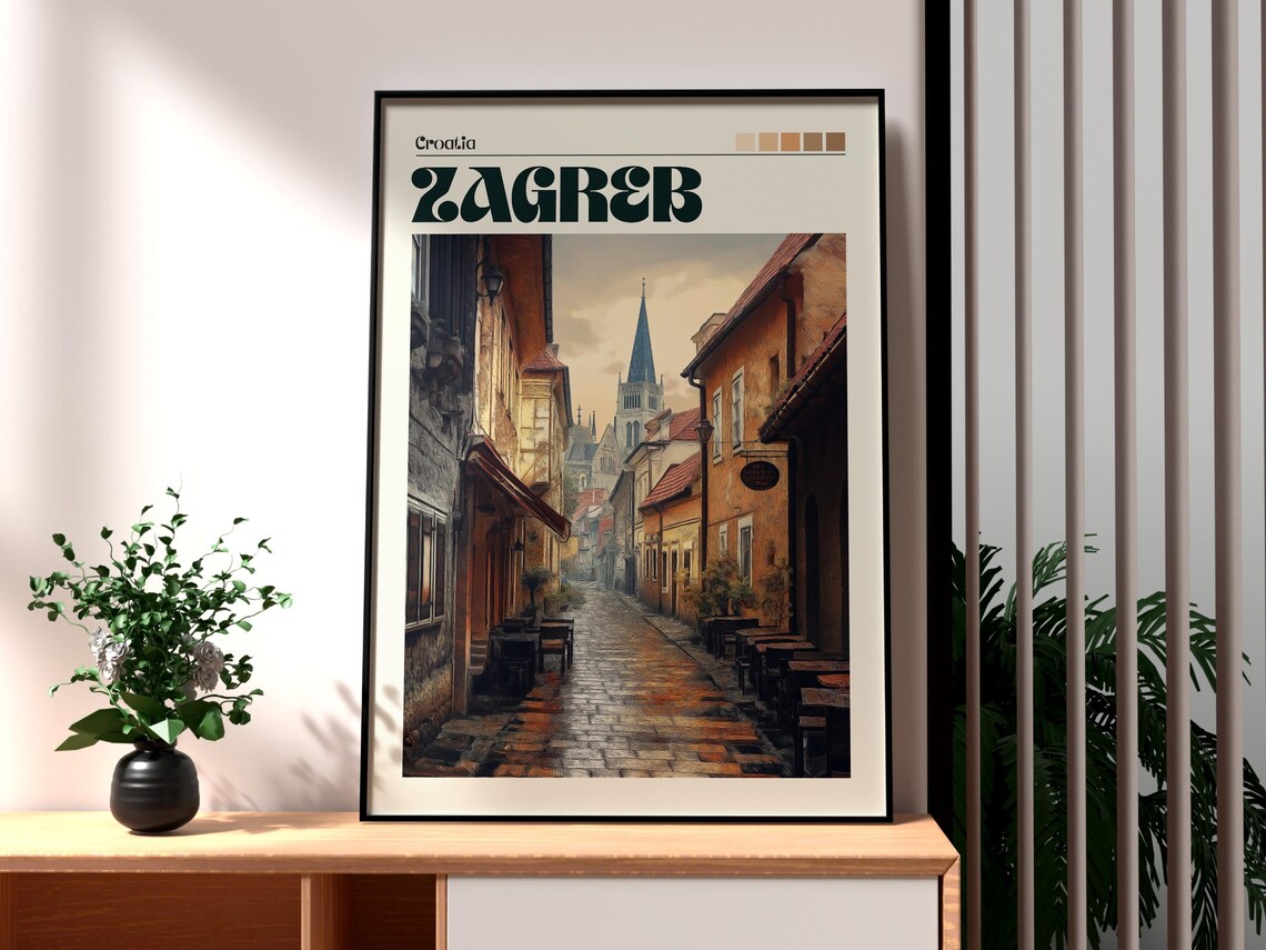 Zagreb Croatia Cobblestone Old Town Alley Vintage Style Travel Poster