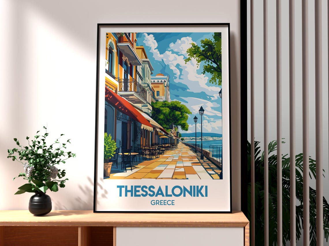 Thessaloniki Greece Seafront Promenade Cafe Summer Travel Poster