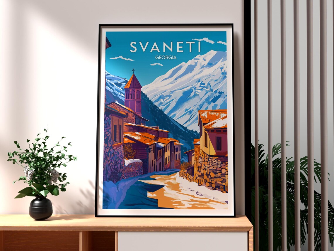 Svaneti Georgia Snowy Peaks Village Retro Vintage Travel Poster