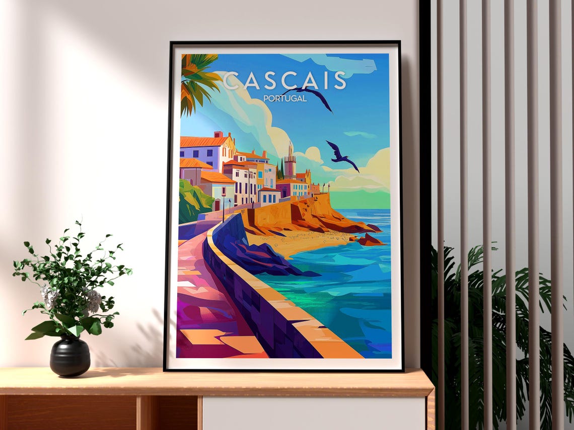 Cascais Portugal Seaside Promenade Ocean Cliffs Travel Poster