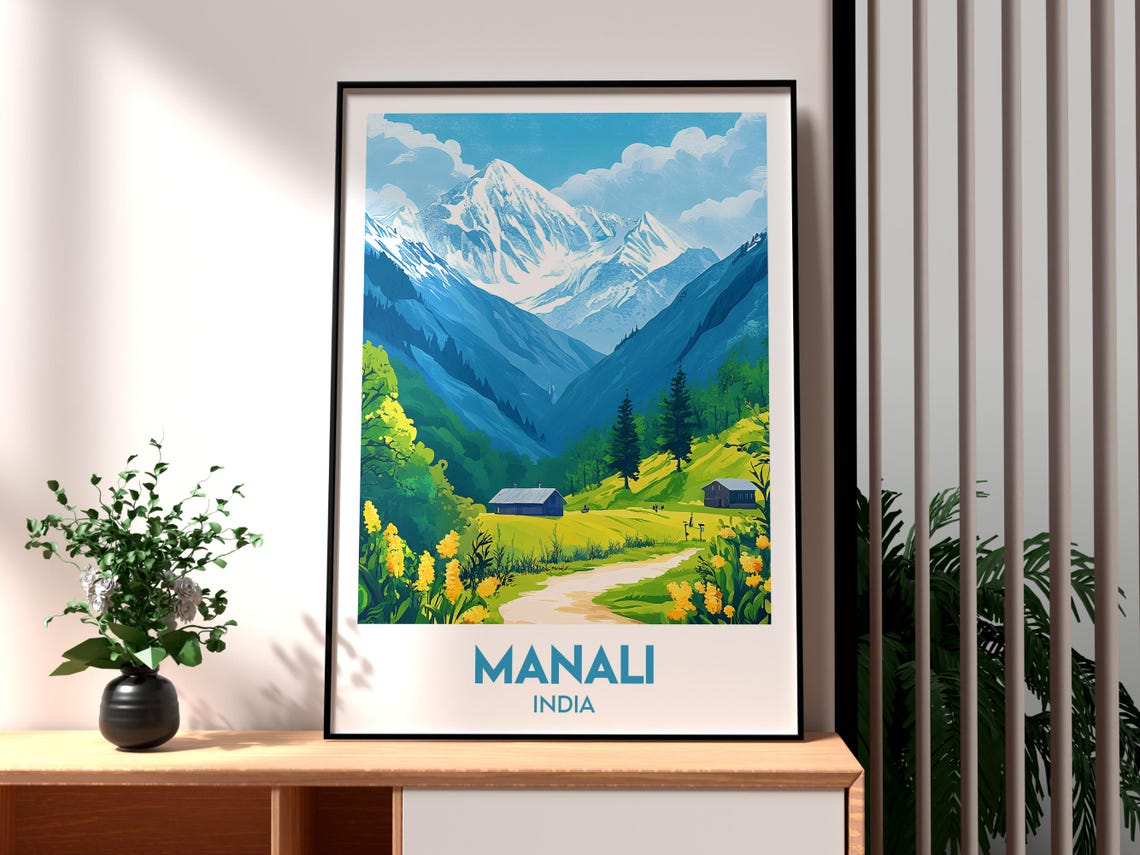 Manali India Himalayan Valley Cabin Meadows Snow Peak Travel Poster