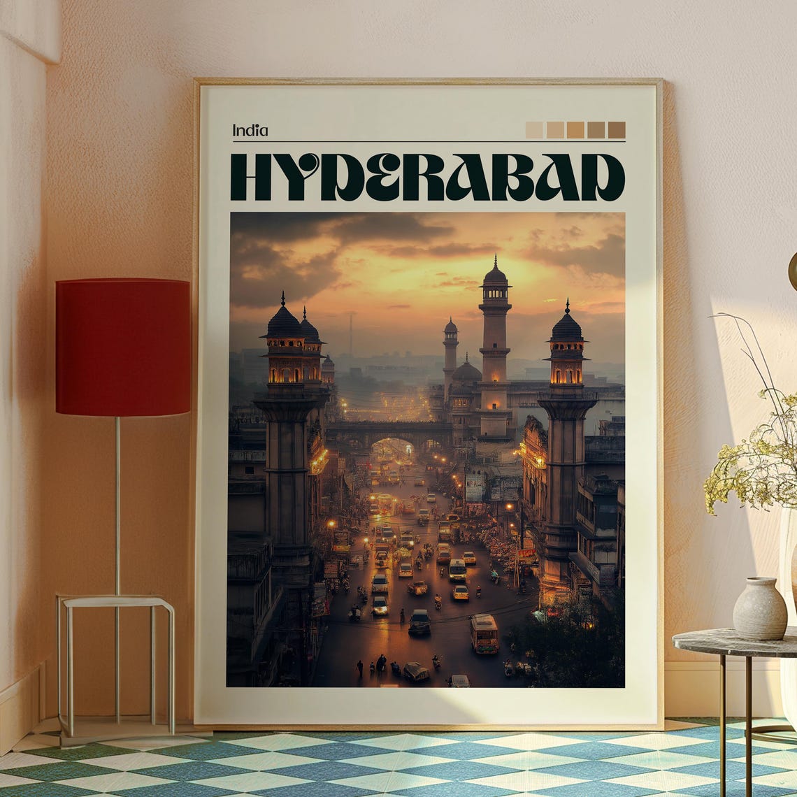 Hyderabad India Busy Old City Street Dusk Skyline Travel Poster - Image 2