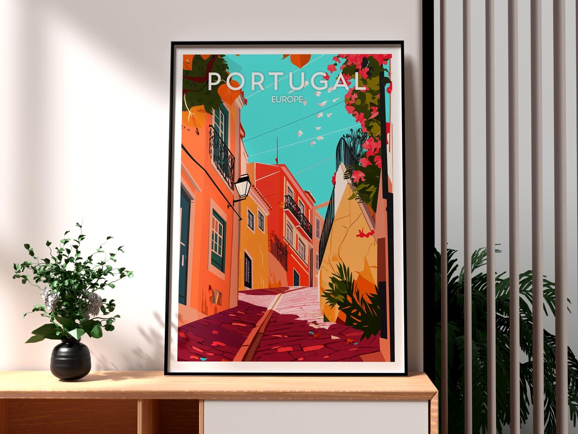 Portugal Europe Colorful Old Town Street Bougainvillea Travel Poster