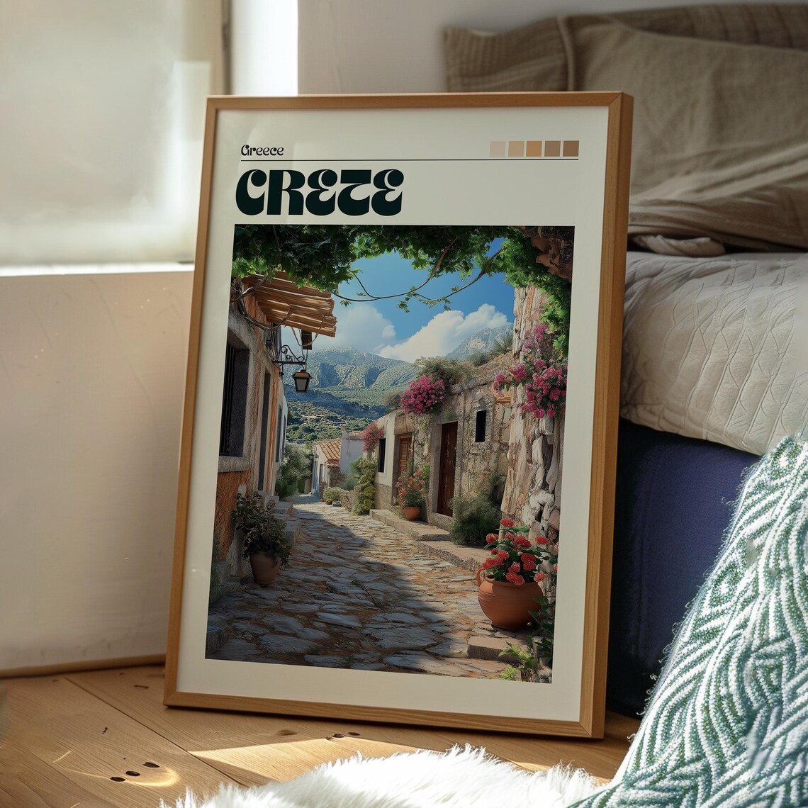 Crete Greece Old Stone Village Alley Flowers Mountain Travel Poster - Image 3