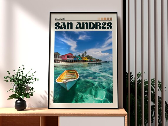 San Andres Colombia Stilt Houses Turquoise Sea Vintage Travel Poster