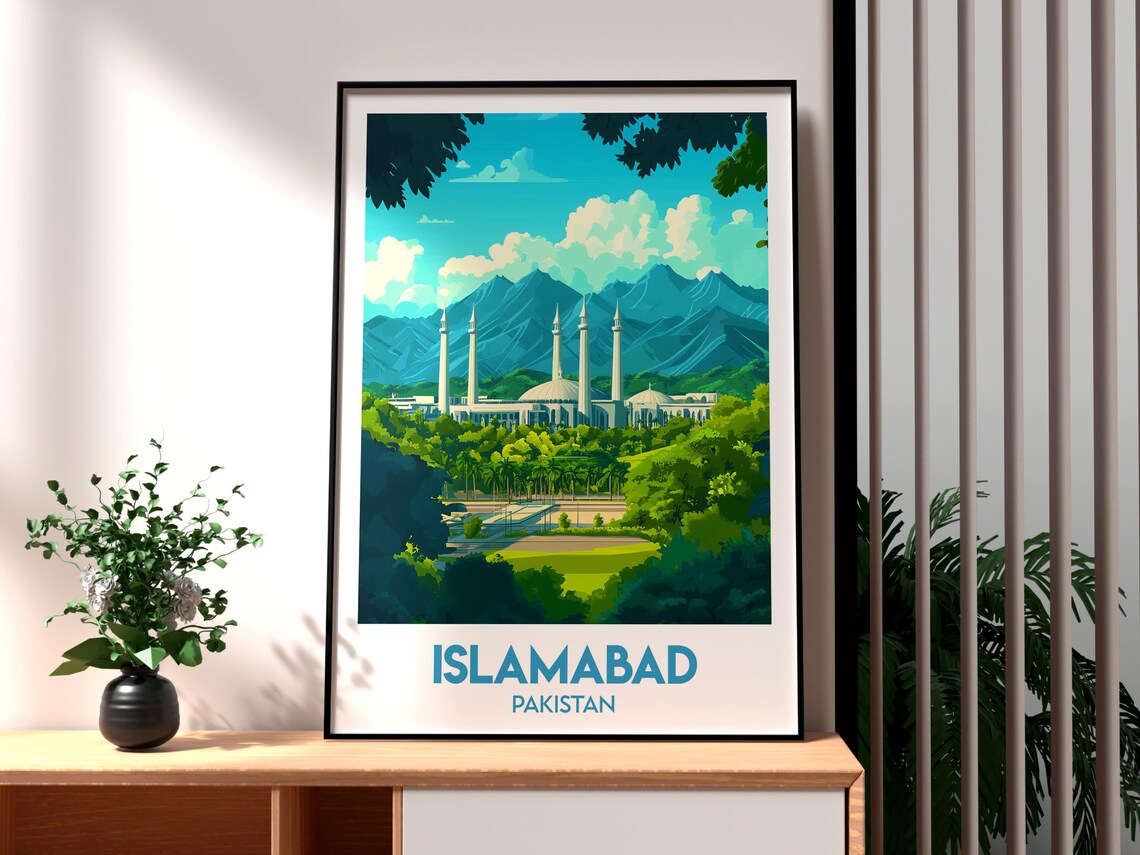 Islamabad Pakistan Faisal Mosque Margalla Hills Skyline Travel Poster
