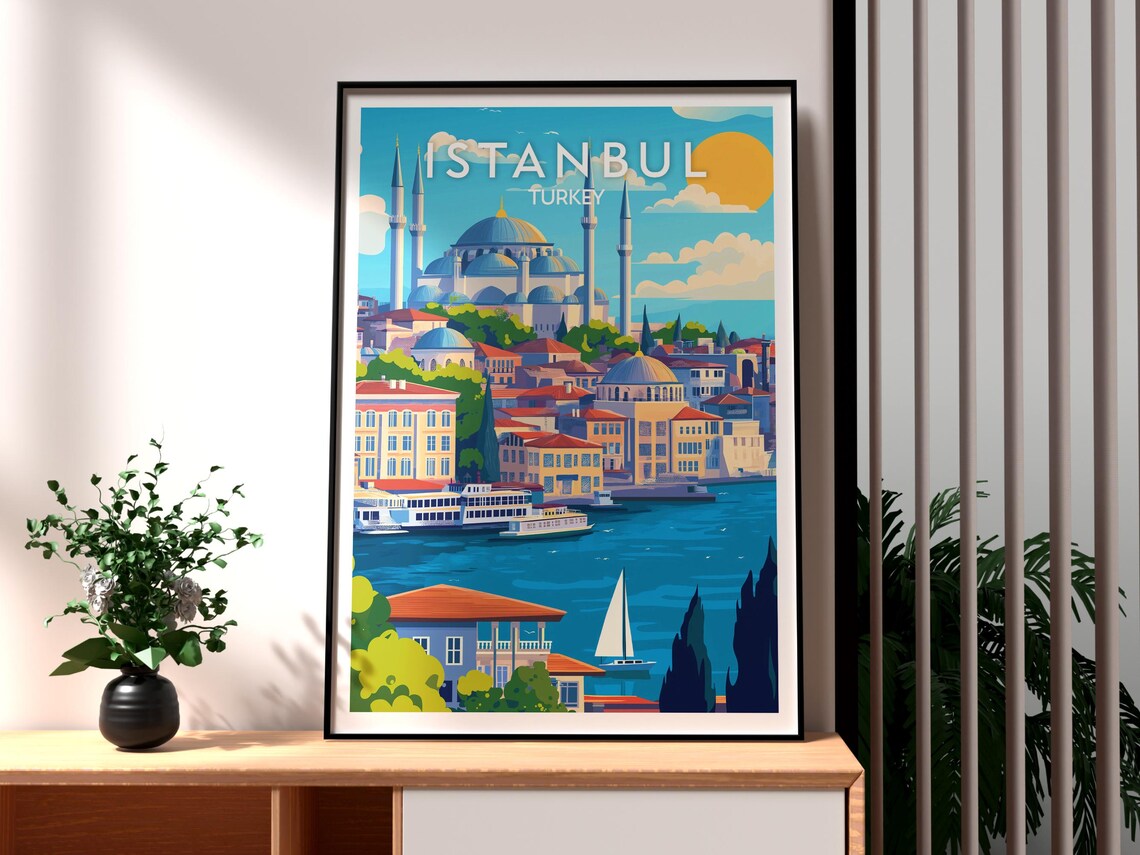 Istanbul Turkey Domed Mosque Minarets Golden Horn Travel Poster