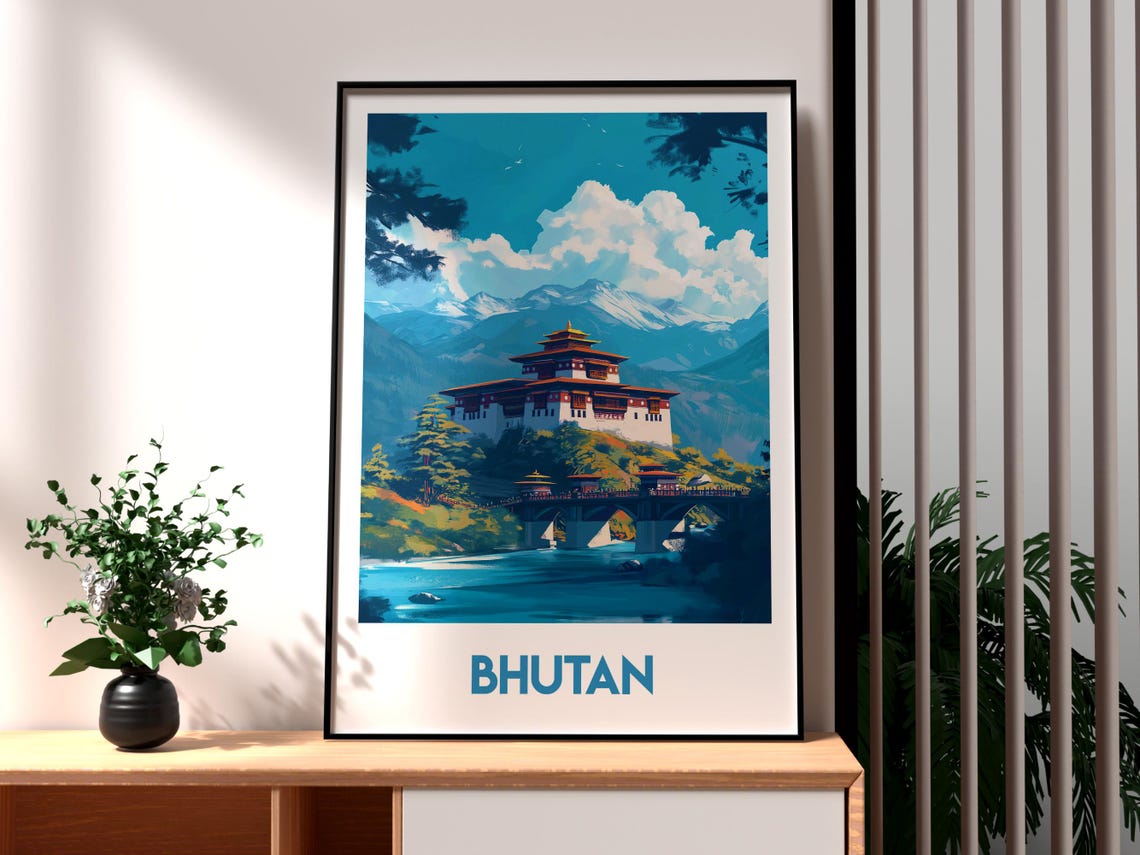 Bhutan Himalayan Mountain Temple Bridge Scenic Travel Poster