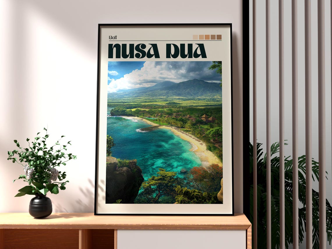 Nusa Dua Bali Turquoise Beach Cliffs Mountain View Travel Poster