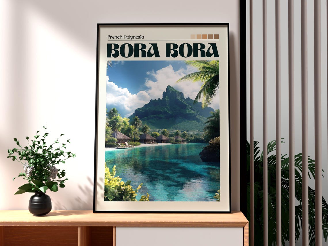 Bora Bora Island Lagoon and Mountain View Scene Travel Poster