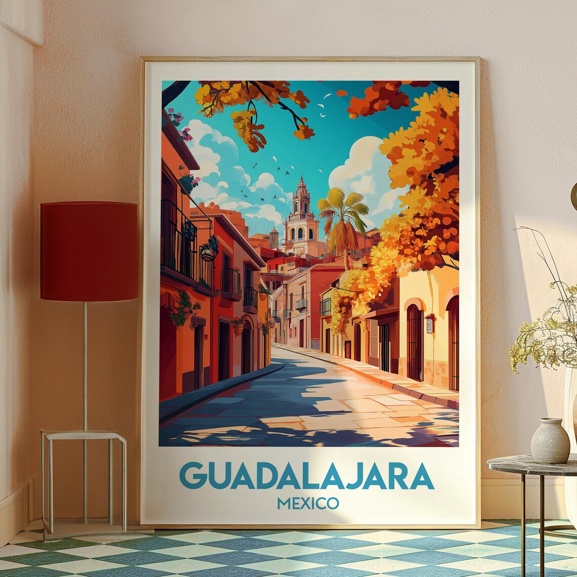 Guadalajara Mexico Colonial Street Church Tower Warm Sunset Art Poster - Image 2