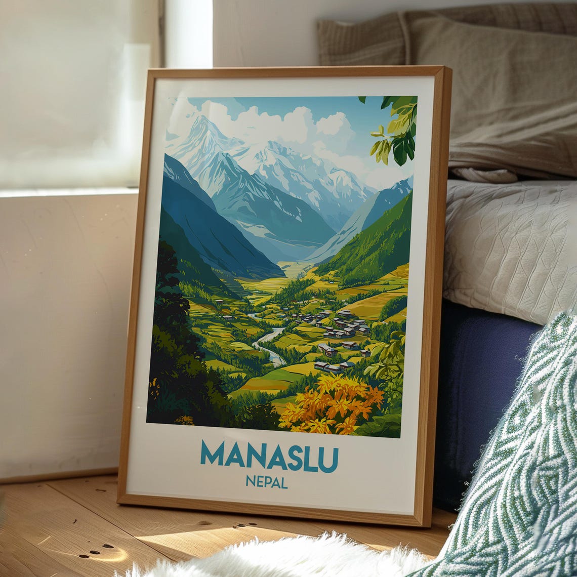 Manaslu Nepal Himalayan Valley Retro Illustrated Travel Poster - Image 3