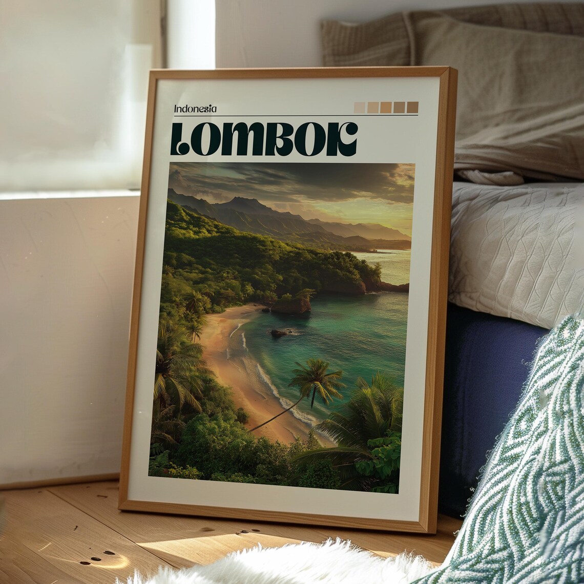 Lombok Indonesia Sunset Beach Palms Mountain Coast Vintage Poster - Image 3