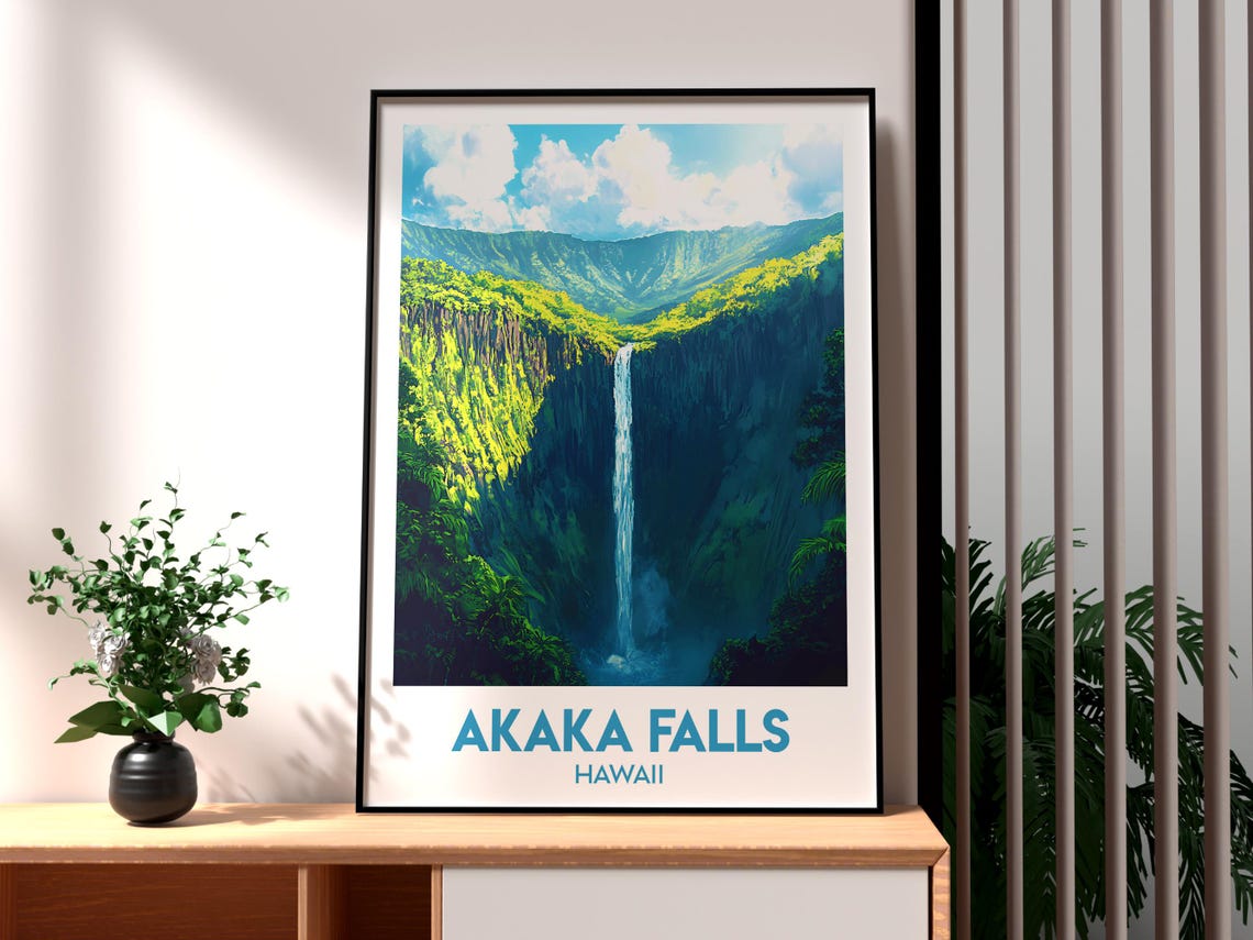 Akaka Falls Hawaii Tall Waterfall Lush Canyon Vintage Travel Poster