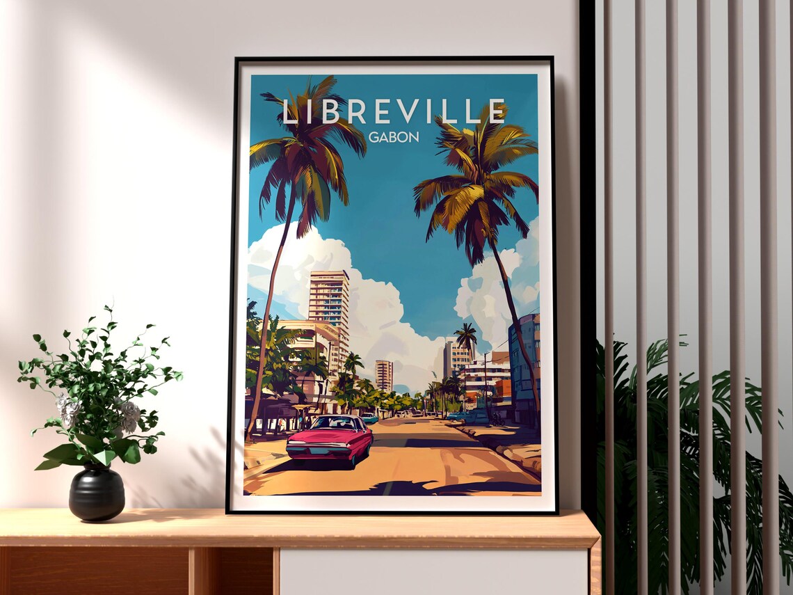 Libreville Gabon Retro Palm Street Classic Car Travel Poster