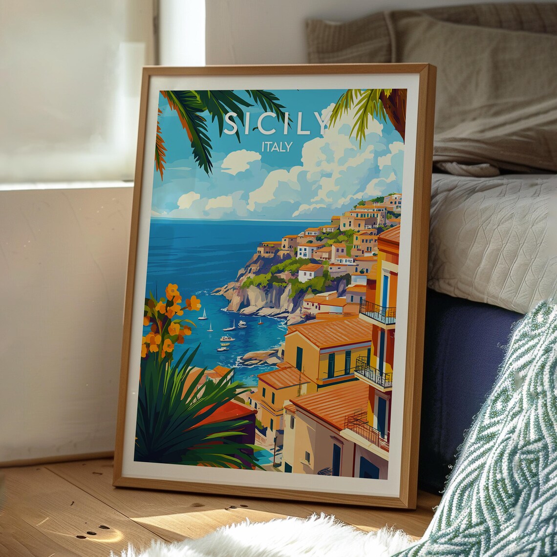 Sicily Italy Coastal Village Cliff Sea View Vintage Travel Poster - Image 3