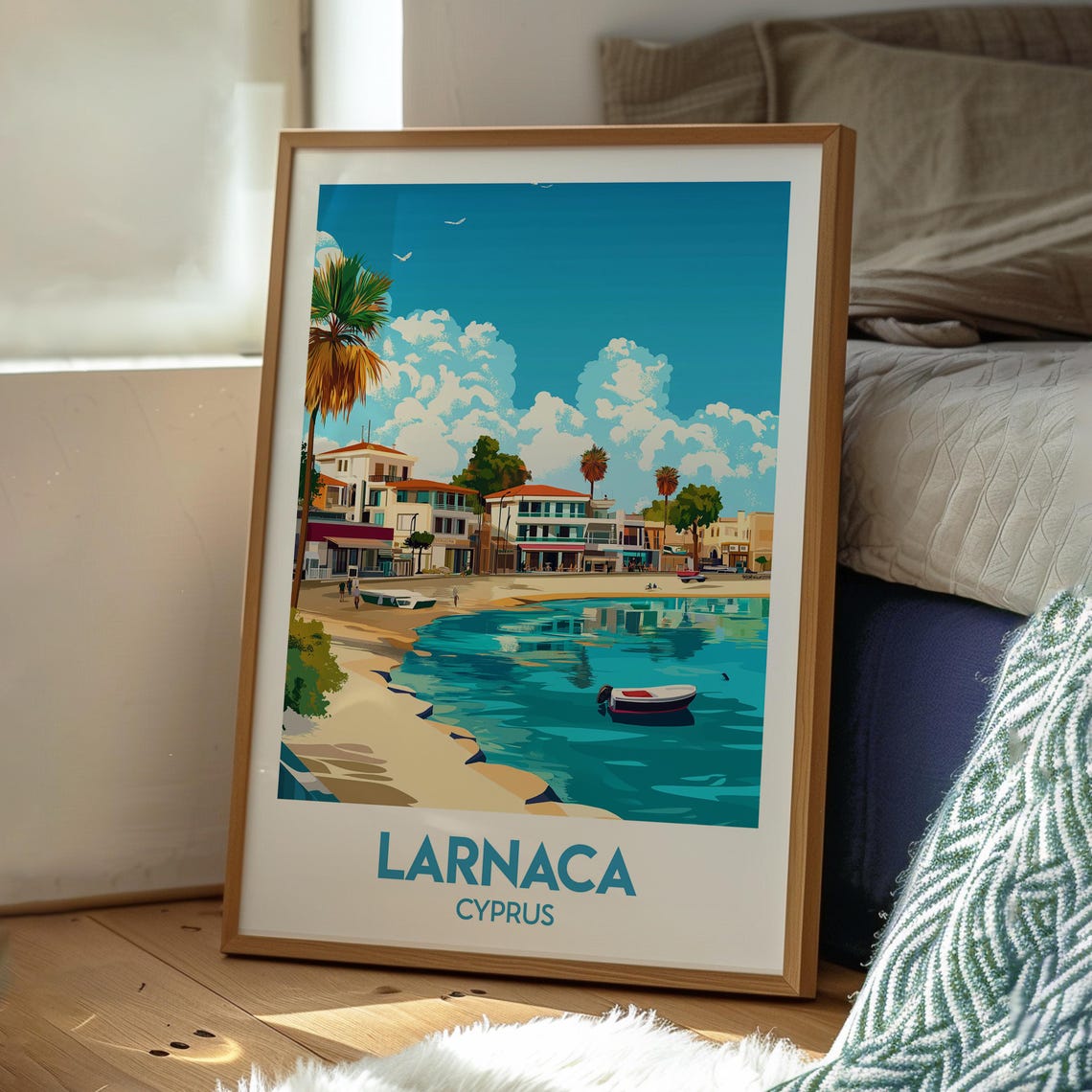 Larnaca Cyprus Palm Beach Waterfront Boat Harbor Travel Poster - Image 3