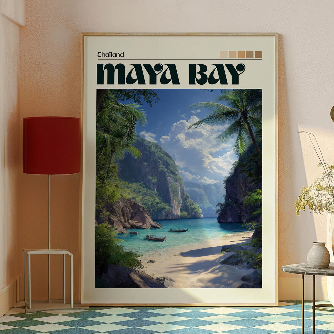 Maya Bay Thailand Tropical Beach Limestone Cliffs Boats Poster - Image 2