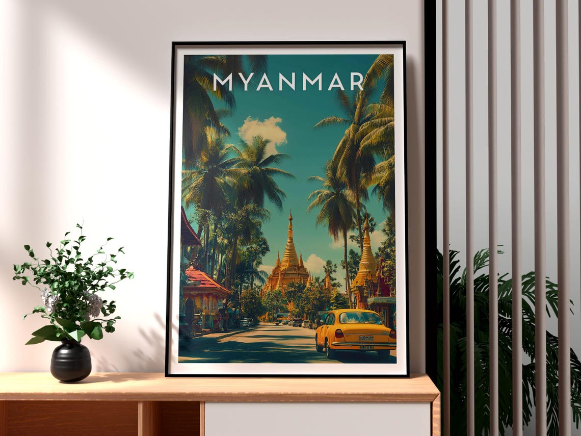 Myanmar Golden Pagodas Palm Lined Street Retro Travel Scene Poster