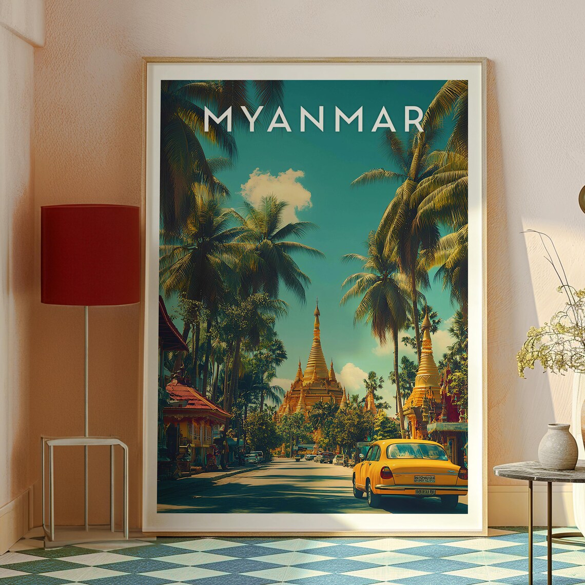 Myanmar Golden Pagodas Palm Lined Street Retro Travel Scene Poster - Image 2