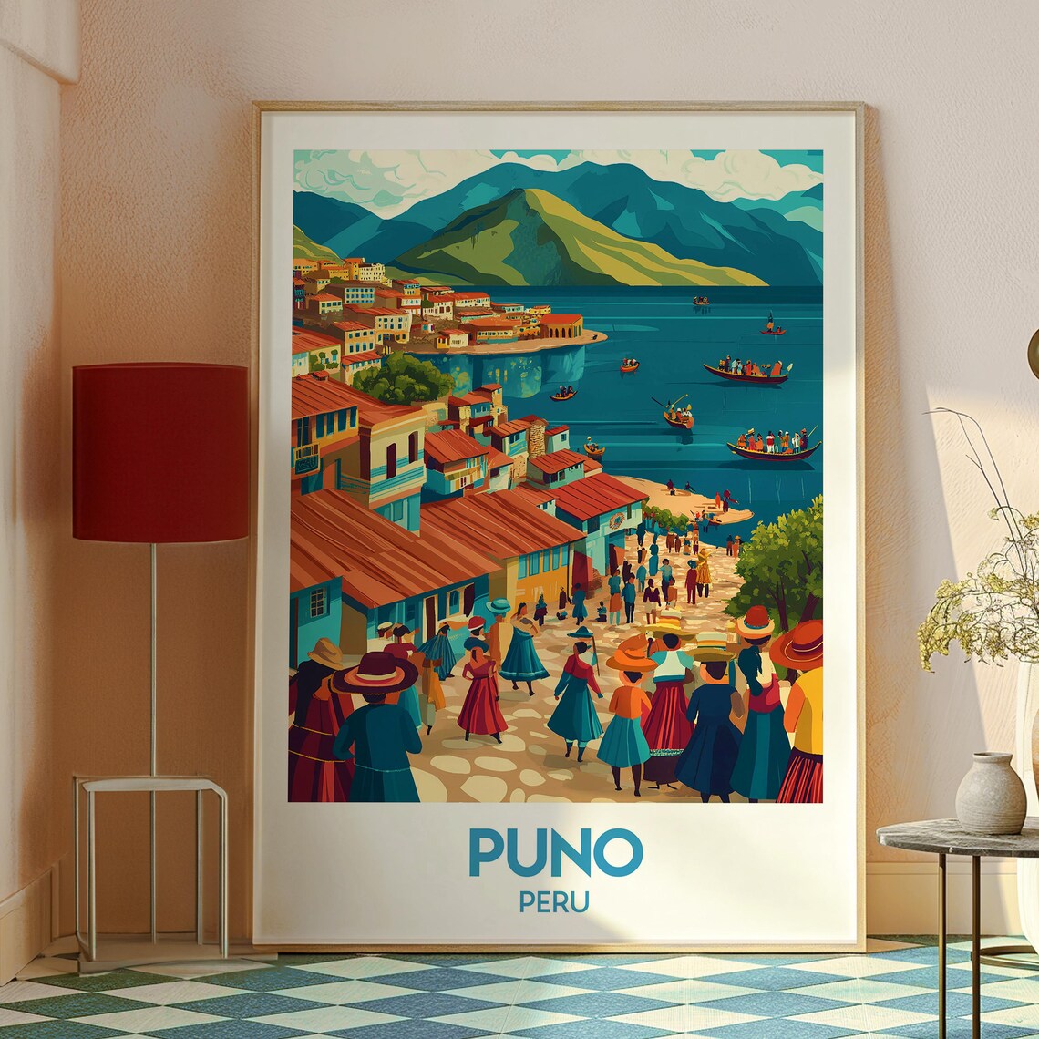 Puno Peru Lake Titicaca Boats Festival Crowd Shore Travel Poster - Image 2