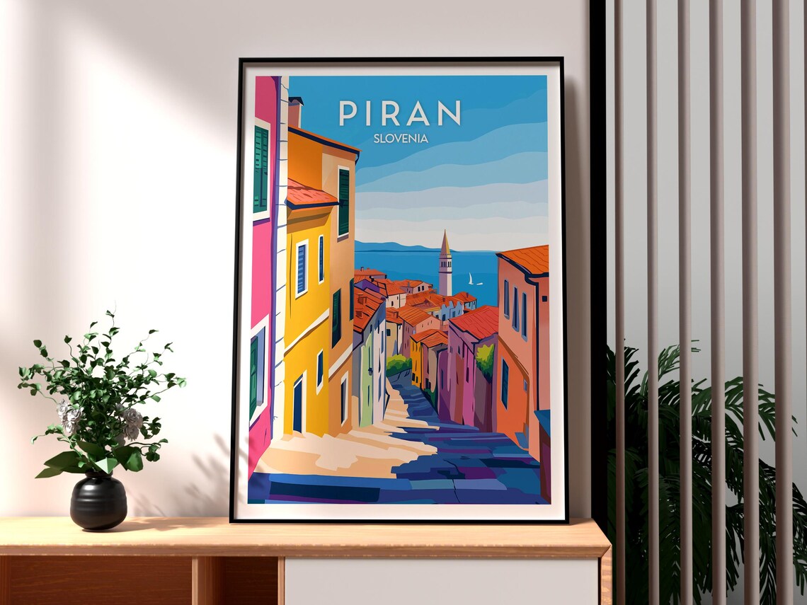 Piran Slovenia Pastel Alley Adriatic Sea Bell Tower View Travel Poster