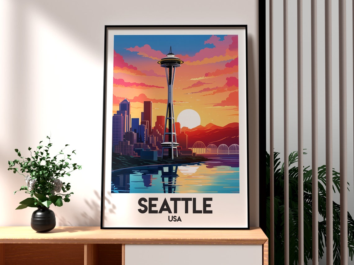 Seattle USA Space Needle Sunset Skyline Waterfront Travel Poster