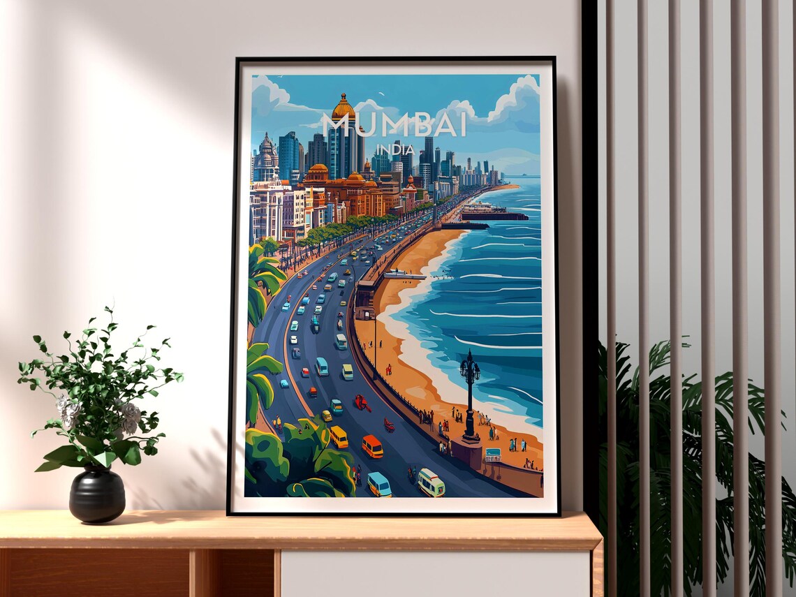 Mumbai India Curving Waterfront City Skyline Retro Travel Poster