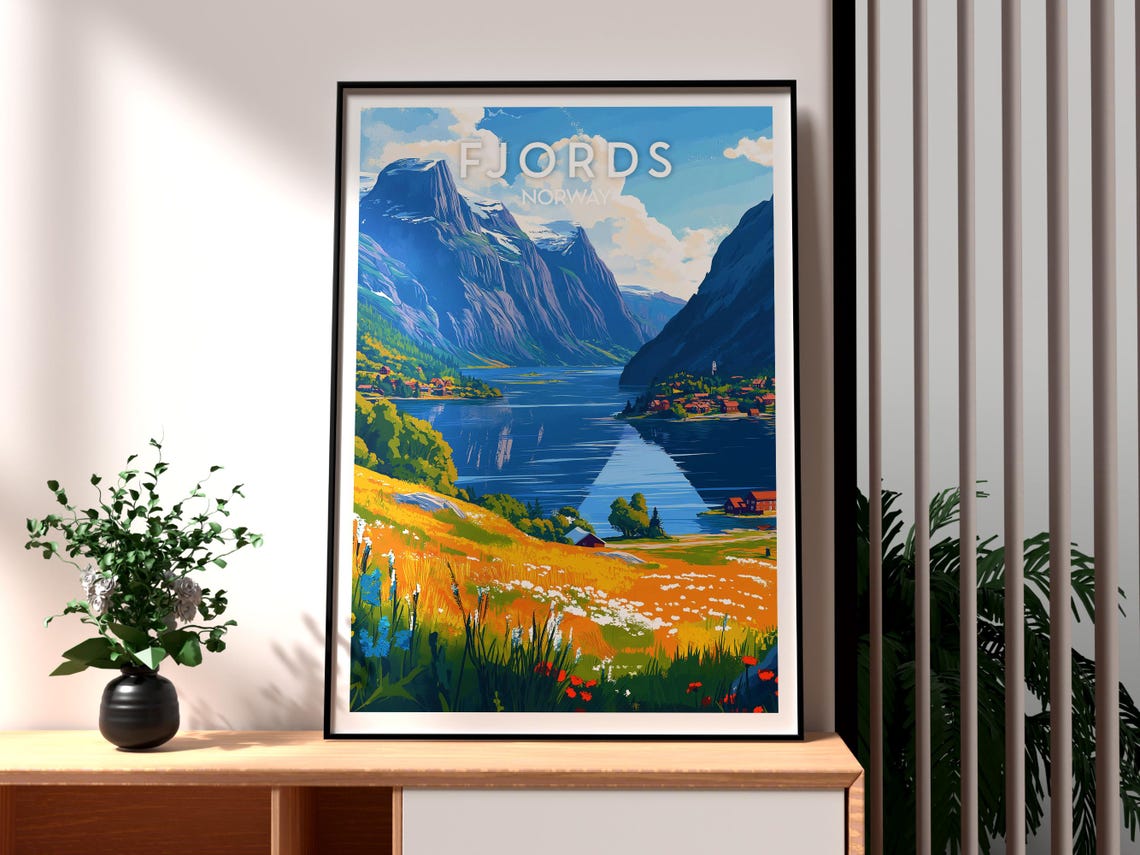 Norway Fjords Snowy Mountains Wildflower Meadow Water Travel Poster