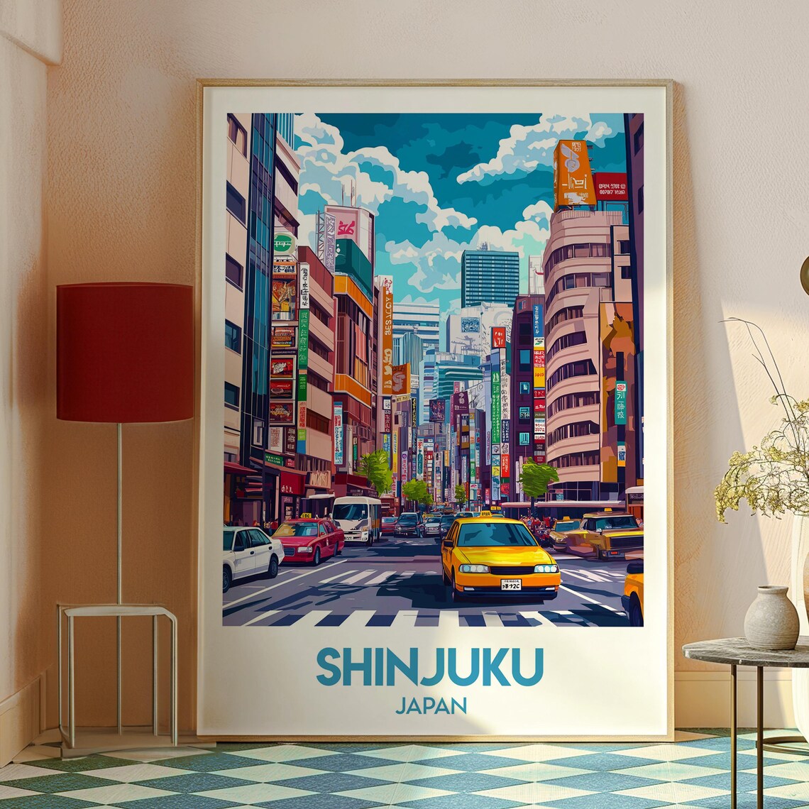 Shinjuku Japan City Yellow Taxi Street Neon Signs Travel Poster - Image 2