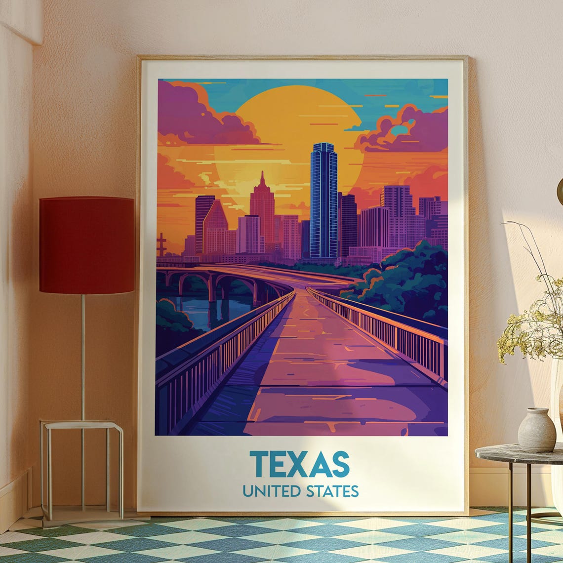 Texas United States Austin Skyline Bridge Sunset Travel Poster - Image 3