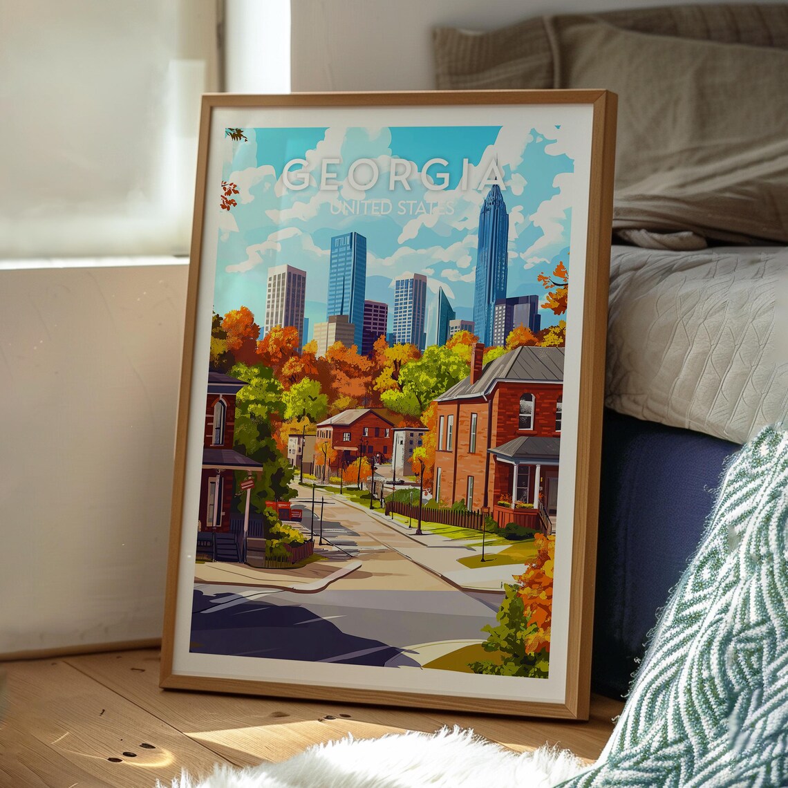 Georgia Autumn Brick House Street With Downtown Skyline Poster - Image 3