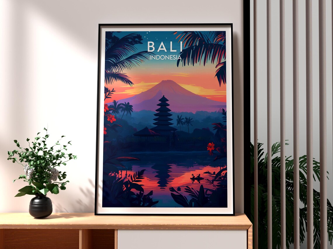 Bali Indonesia Temple Volcano Sunset Serene Tropical Art Poster - Image 3