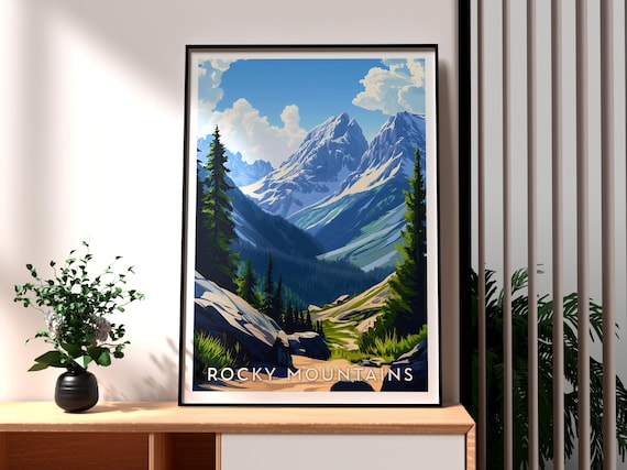 Rocky Mountains Snowy Peaks Pine Forest Trail Hiking Travel Poster