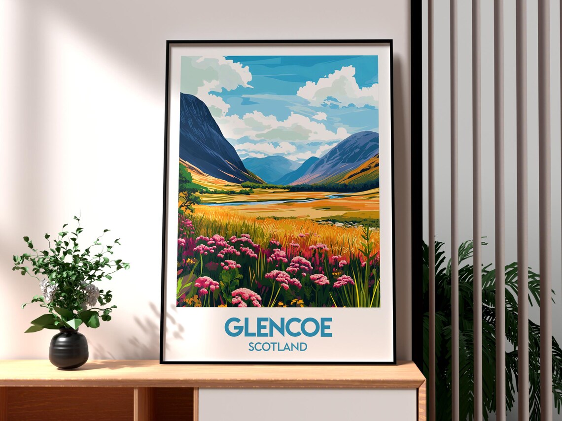 Glencoe Scotland Wildflower Valley Highland Vista Travel Poster