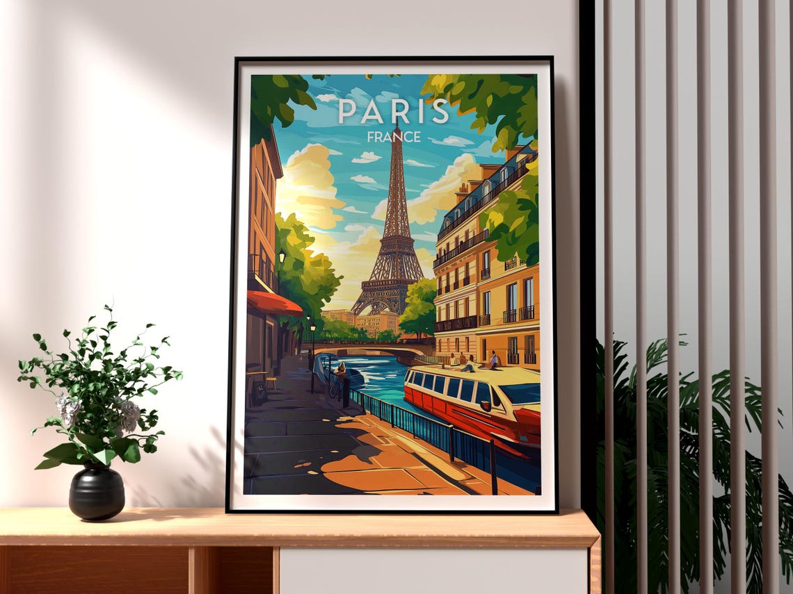 Paris France Eiffel Tower Canal Boat Golden Evening Scene Poster