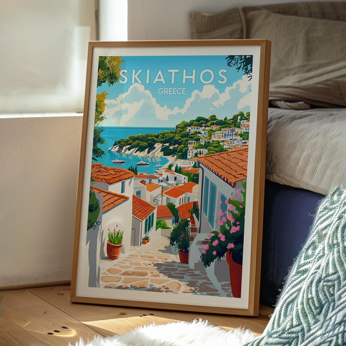 Skiathos Greece Whitewashed Town Red Roofs Aegean Harbor Poster - Image 3