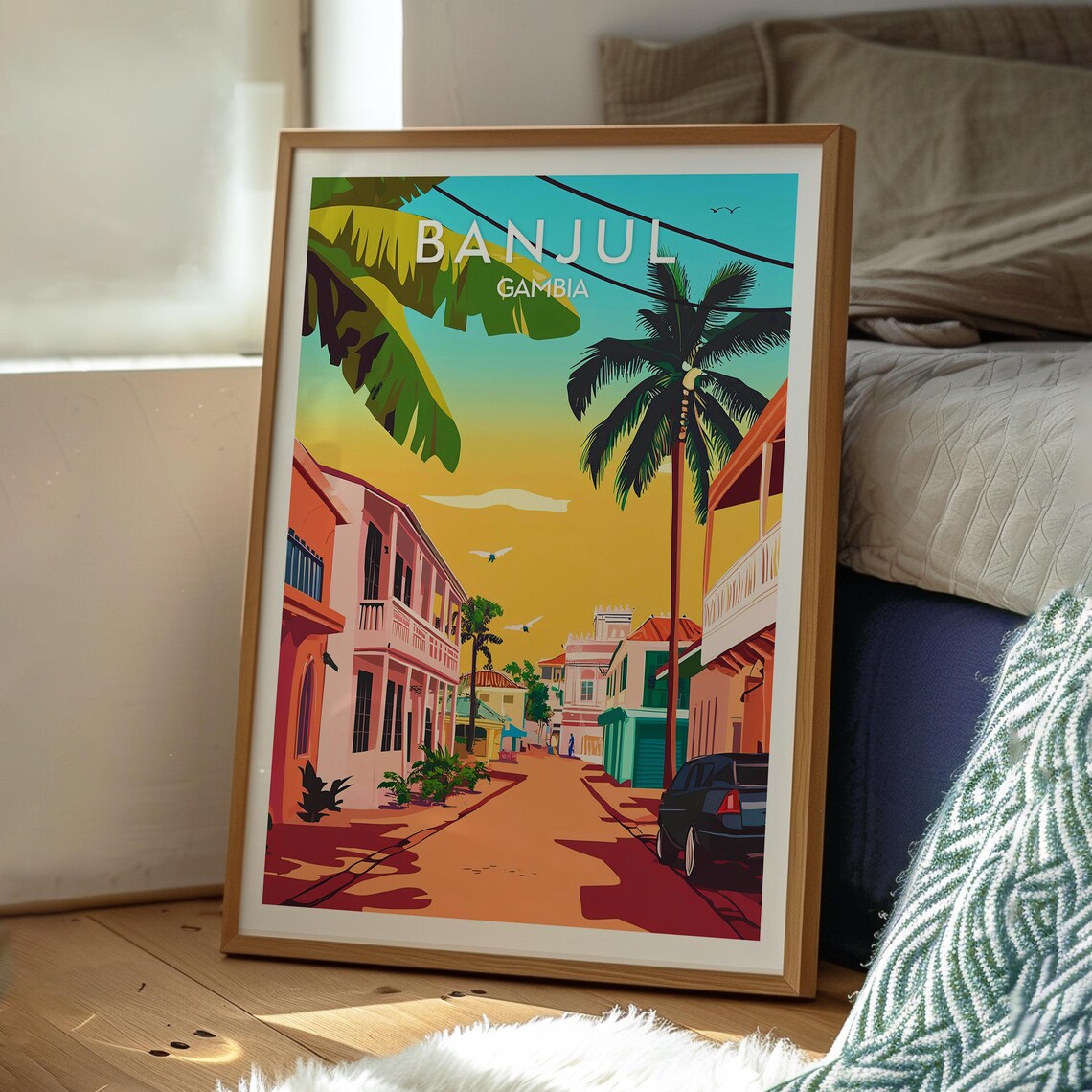 Banjul Gambia Sunset Street Scene Vintage Travel Illustration Poster - Image 3