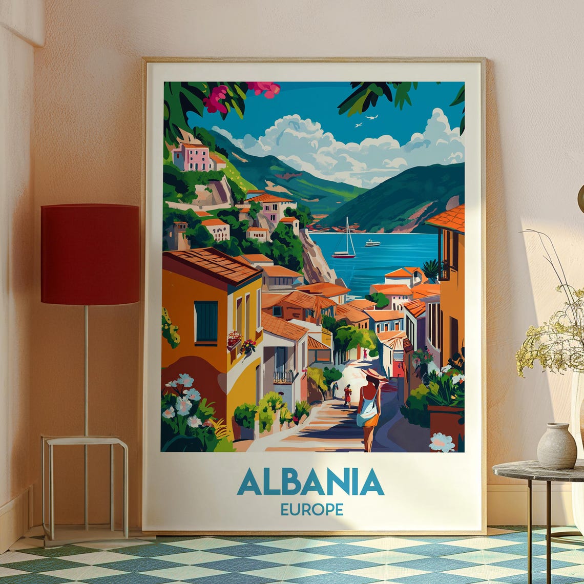 Albania Europe Coastal Village Street Sailboat Harbor Travel Poster - Image 2