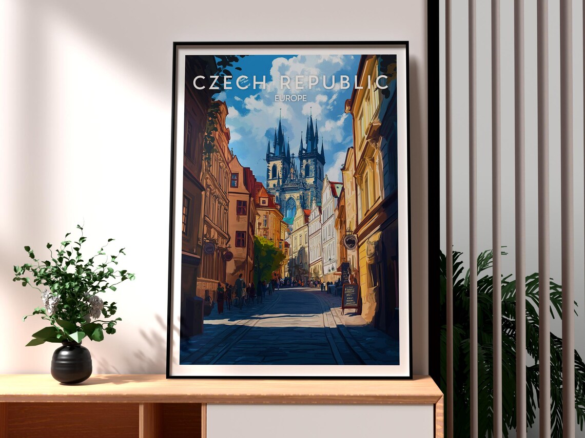Czech Republic Old Town Gothic Twin Spire Church Street Travel Poster