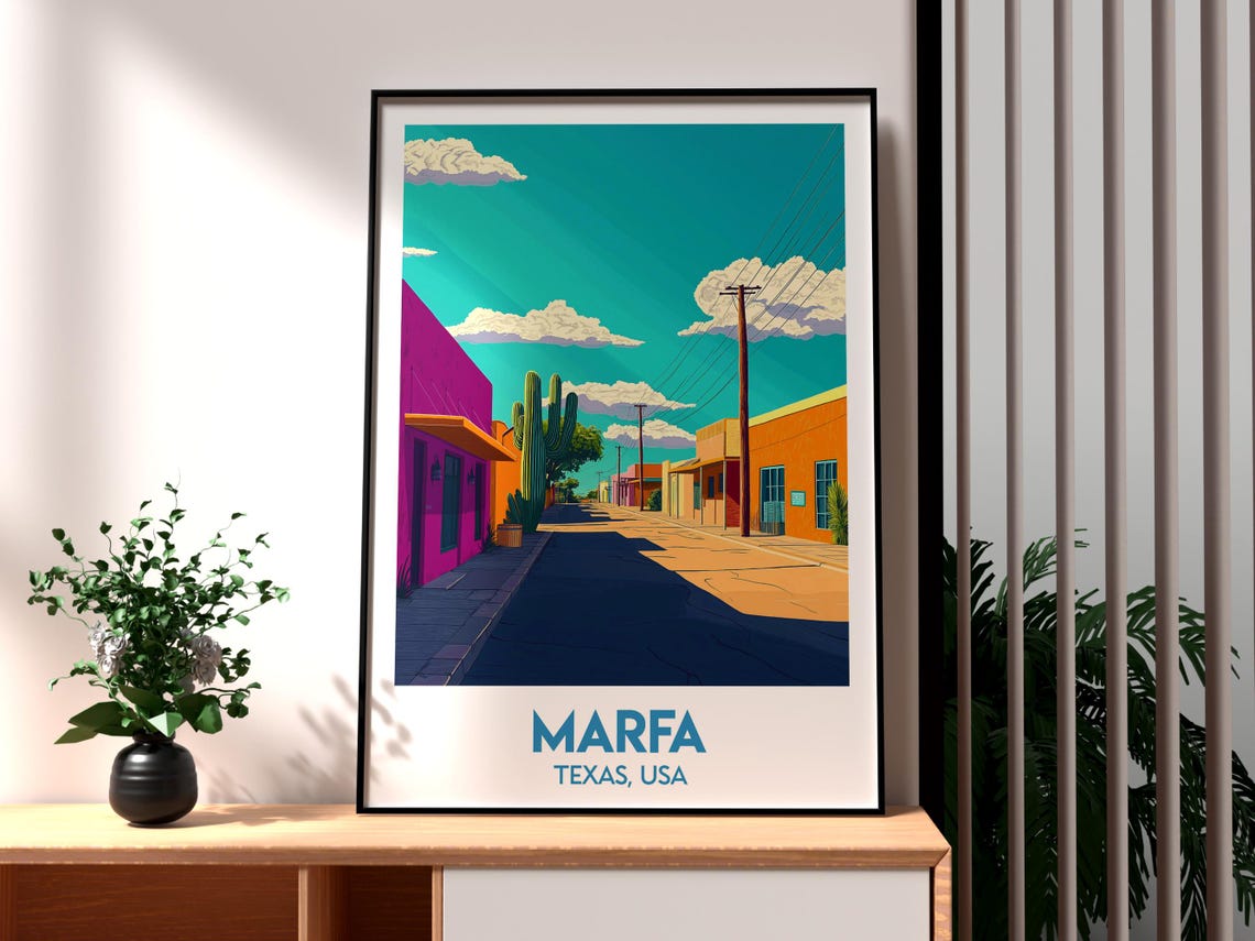 Marfa Texas USA Colorful Adobe Storefronts Desert Town Travel Poster