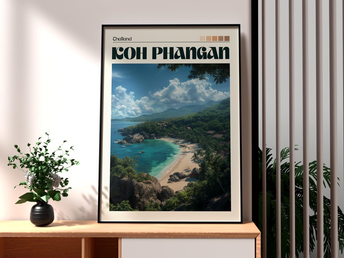 Koh Phangan Thailand Tropical Bay Palm Beach Aerial Travel Poster