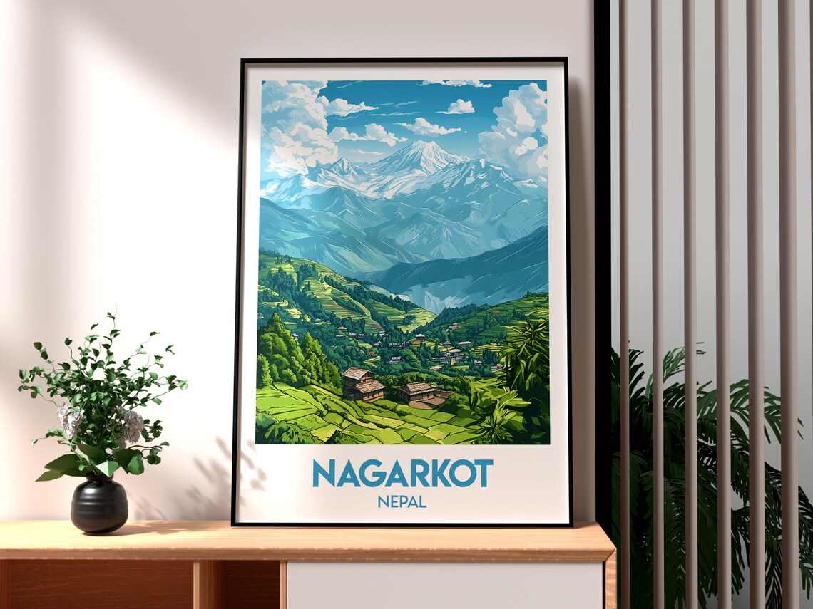 Nagarkot Nepal Terraced Hills Snow Peaks Retro Travel Poster