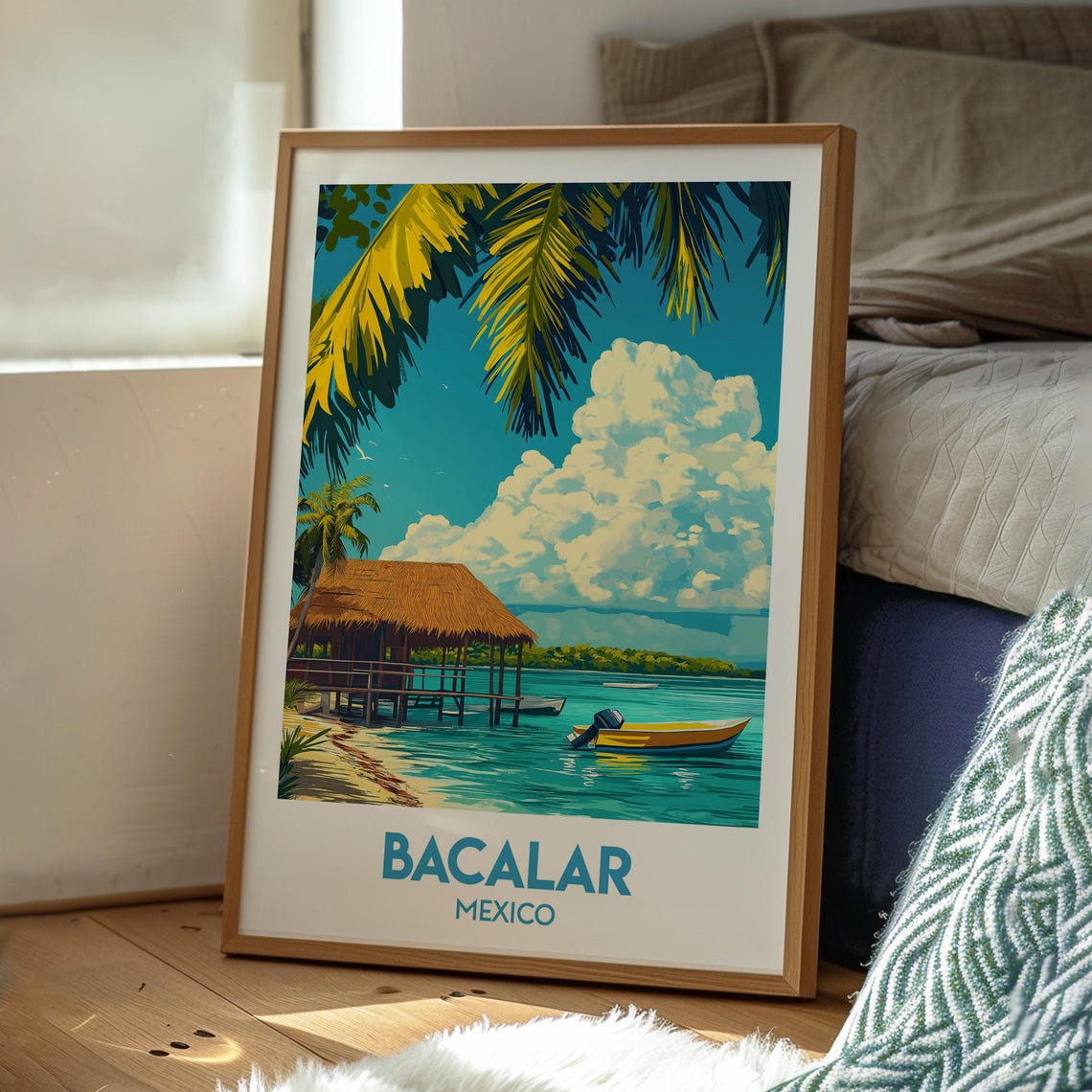 Bacalar Mexico Retro Travel Poster Lagoon Palapa Hut Palm Art - Image 3