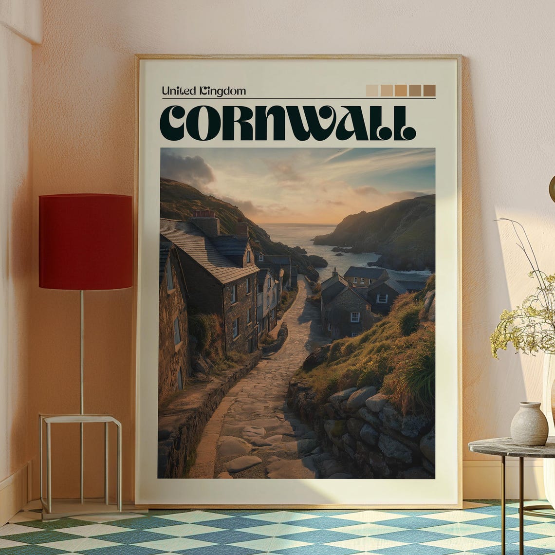 Cornwall UK Stone Village Lane Sunset Sea Rugged Cliffs Retro Poster - Image 2
