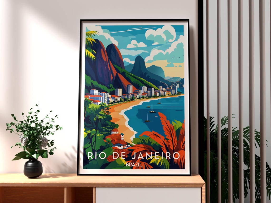 Rio de Janeiro Brazil Beach And Mountain Peak Colorful Art Poster