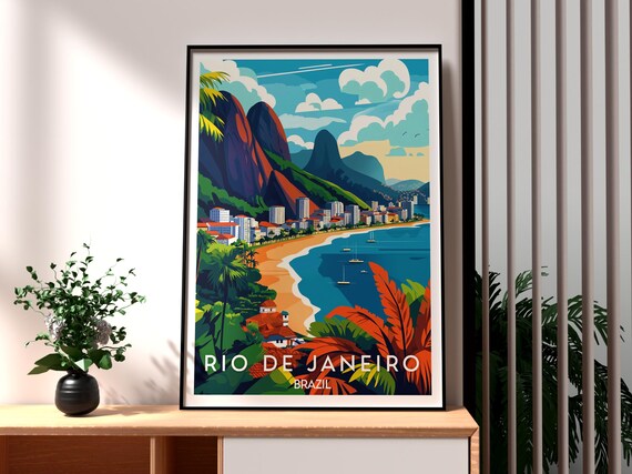 Rio de Janeiro Brazil Beach And Mountain Peak Colorful Art Poster
