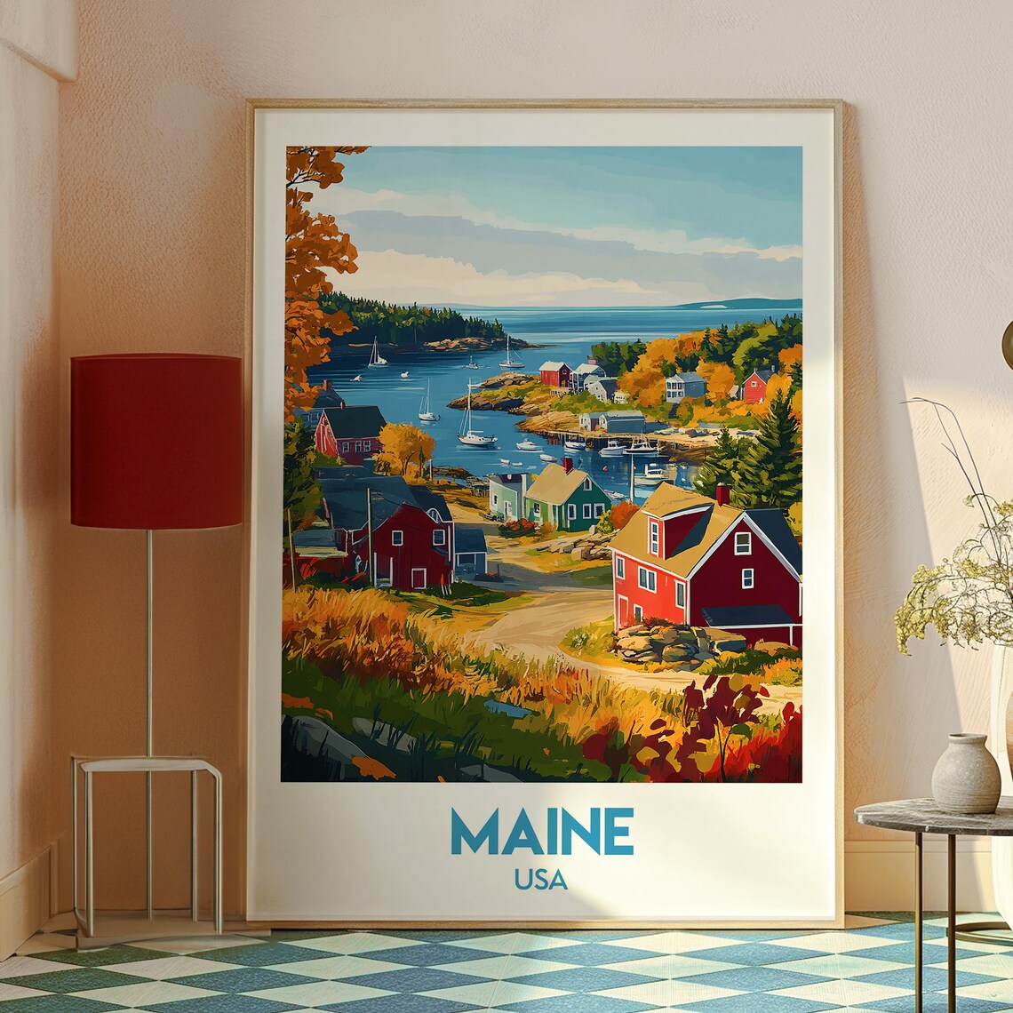 Maine USA Autumn Coastal Village Sailboats Harbor Travel Poster - Image 2